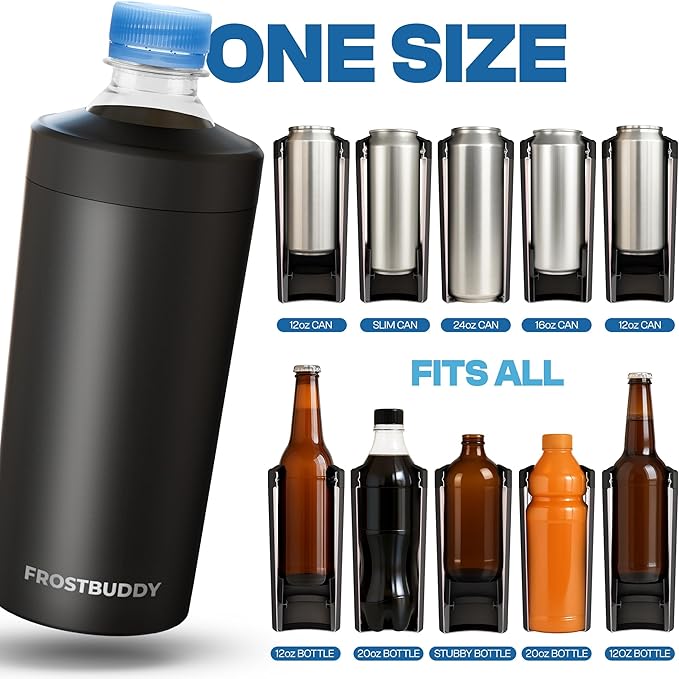 Frost Buddy Universal XL Can Cooler - Fits All - For 12, 16, 20, and 24 ounce Bottles - Insulated Double-Walled Stainless Steel (Blackleopard)