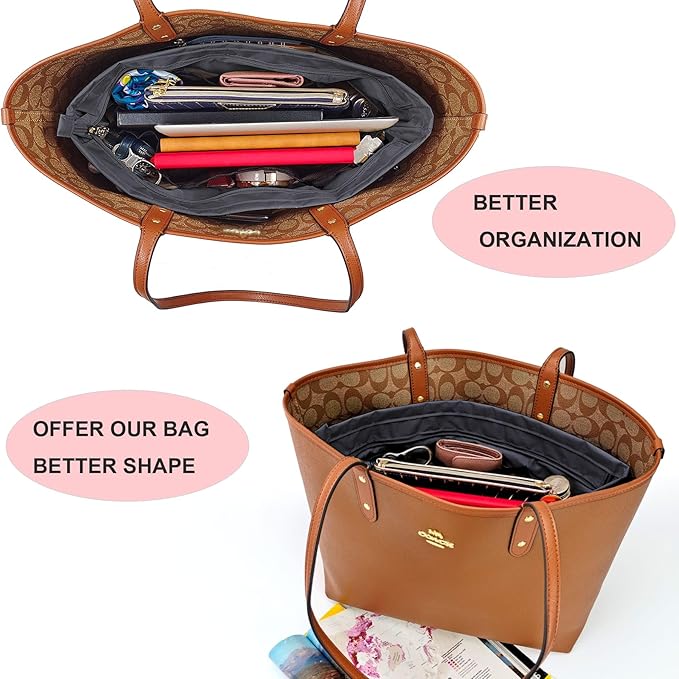 Time Wing Handbag Tote Purse Organizer Insert Bag Liner Shaper Divider Zipper 11 Pockets Compartments Medium Dark Grey