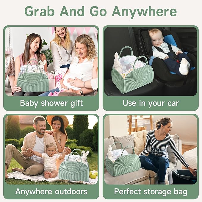 Diaper Caddy Organizer for Baby, Cotton Rope Baby Gift Basket, Portable Diaper Organizer for Changing Table, Diapers Nursery Storage Organizer for Travel, Camping, Green Baby Shower Gifts for Newborn
