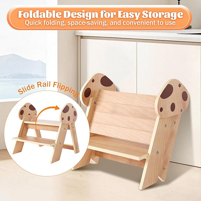Novarieth Beech Wooden Toddler Step Stool, 2-Step Foldable Stool for Kids with Non-Slip Surface, Baby Bathroom Stool for Potty Training, Bathroom Sink, Kitchen Counter with Cute Mushroom Design