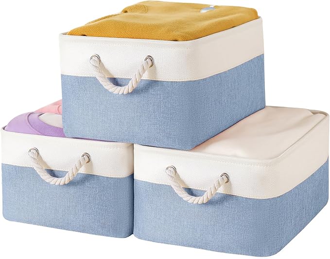 LordCom Storage Bins with Sturdy Cotton Handles(3 Pack), Fabric Storage Baskets for Organizing use for Office & Home, Book, Clothes, Toys, Closet Boxes (Small, Blue-White, 12.2x8.3x6.3 inches)