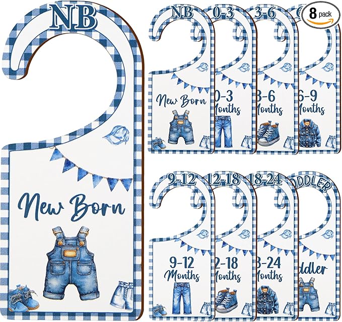 Baby Closet Dividers 8PCS, Denim Themed Wooden Double-Sided Clothes Size Hanger/Organizer from Newborn to Toddler, Blue Jean Nursery Decor Baby Shower Birthday Gender Reveal Party Gift