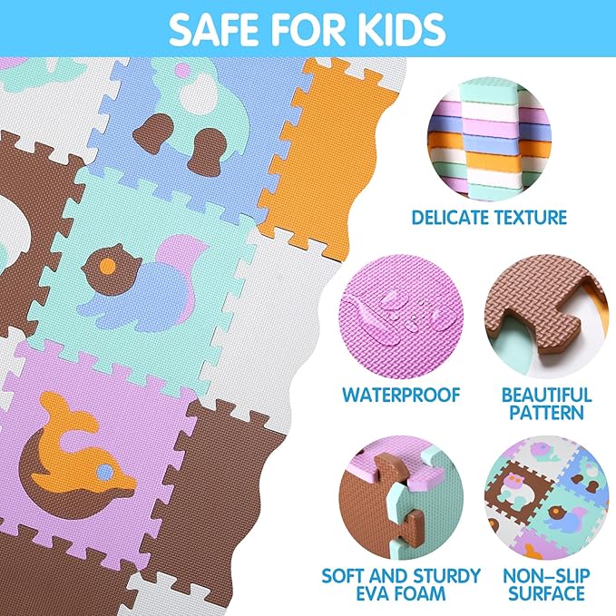 Tamiplay Foam Play Mat for Kids，25Pcs Square Interlocking Puzzle Floor Mat，Baby Play Mat Floor Mat Foam Puzzle Playmat for Toddlers with Fence（Animal-CSH007