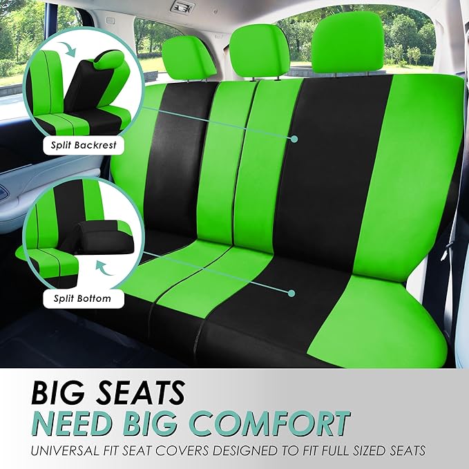 Automotive Seat Covers Green Universal Fit Combo Set with Steering Wheel Cover and Seat Belt Pad fits most Cars, SUVs, and Trucks (Airbag Compatible and Split Bench) FH Group FB030GREEN-COMBO
