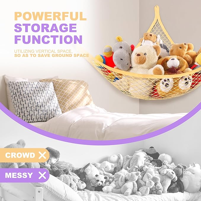 Lazebox Stuffed Animal Net Hammock for Plushie Toys, Stuffed Animal Hammock Corner for Kids' Room Decor, Ideas for Organizing Stuffy Collection, Yellow, L (67" x 40" x 40")-Pack of 1