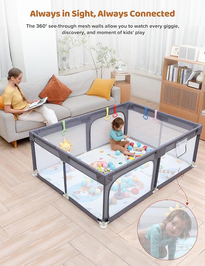 Dripex Baby Playpen with Mat, 71"x47" Play Pen for Toddlers 1-3 Years, Soft Breathable Visible Mesh, Indoor/Outdoor Portable Play Yard with Mat, Safe Baby Fence Play Area, Light Grey