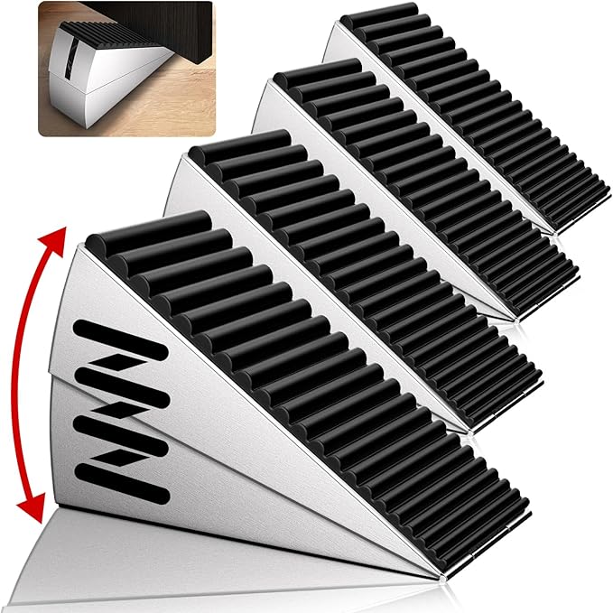 4 Pack Heavy Duty Metal Door Stop, Strongest Large Adjustable Spring Door Stopper Up to 3 inch Tall, Door Stoppers for Bottom of Door, Silver Rubber Door Wedge for Any Heavy Doors
