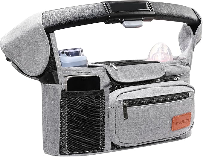 WUUTER Stroller Organizer with Cup Holder Detachable Wristlet Large Capacity Baby Stroller Bag for Mom, Fits Uppababy, Baby Jogger, Britax, BOB, More (Grey)
