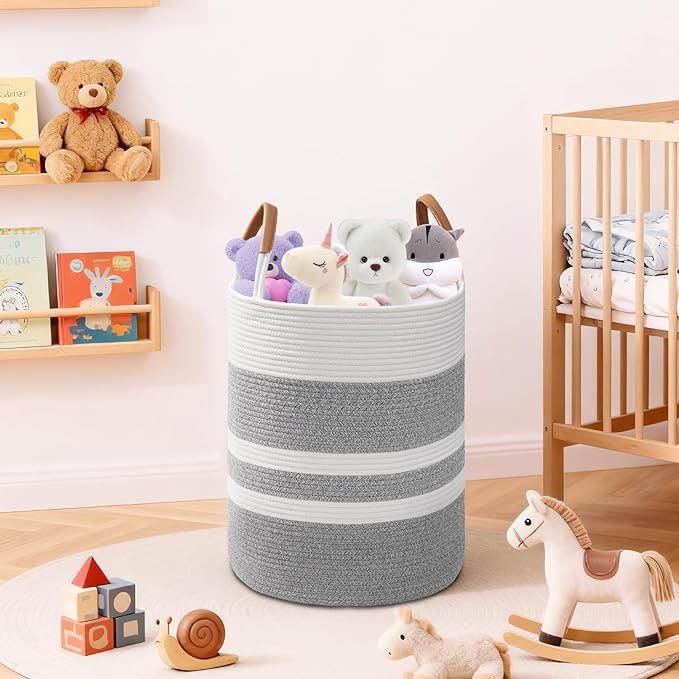 Degeyoyo 60L Striped Laundry Basket, Grey Laundry Hamper with Leather Handles, Woven Cotton Rope Storage Bin for Blankets, Nursery Hamper for Clothes, Toys In Bathroom, Livingroom, Bedroom