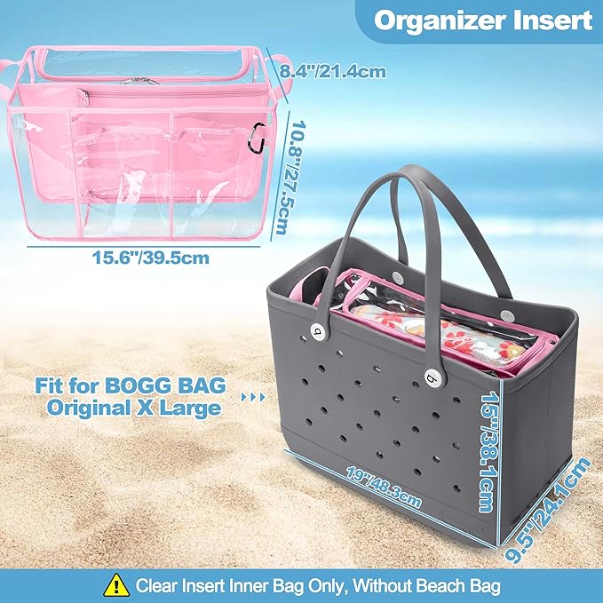 Clear Beach Bag Organizer Insert Compatible with BOGG BAG Original X Large, Zipper Organizer Liner Compatible with BOGG BAG Original X Large, Insert Divider Pouch with 2 Compartments, Pink