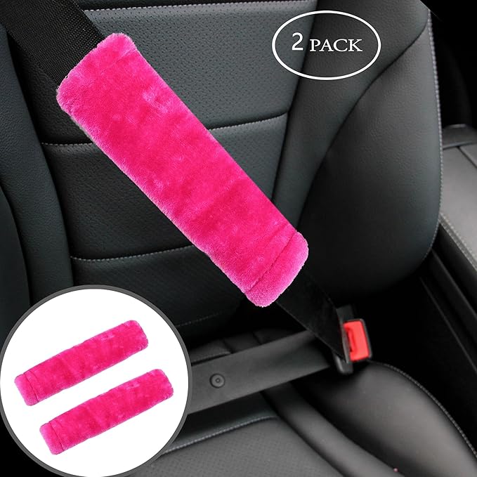 Amooca Soft Faux Fur Universal Fit Seatbelt Cover Car Truck SUV Airplane Seat Belt Shoulder Pad for Carmera Backpack Straps Neck Cushion Protector 2 Pack 10.5in Rose Red