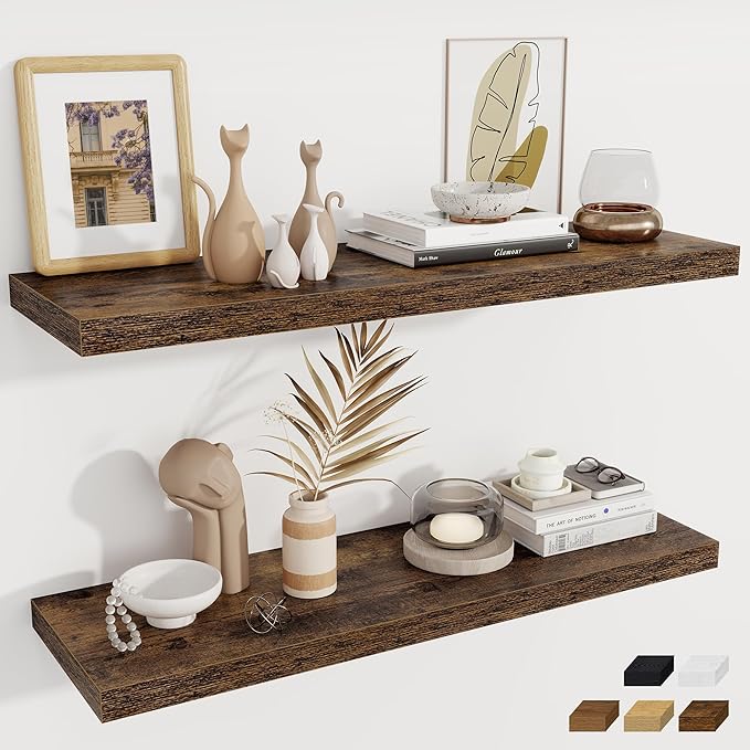 Fun Memories 12 Deep Floating Shelves, 40W x 12D Floating Shelves for Wall Set of 2, Extra Deeper Hanging Wood Shelves for Wall for Living Room Kitchen Laundry Room Kitchen Home Office - Rustic Brown