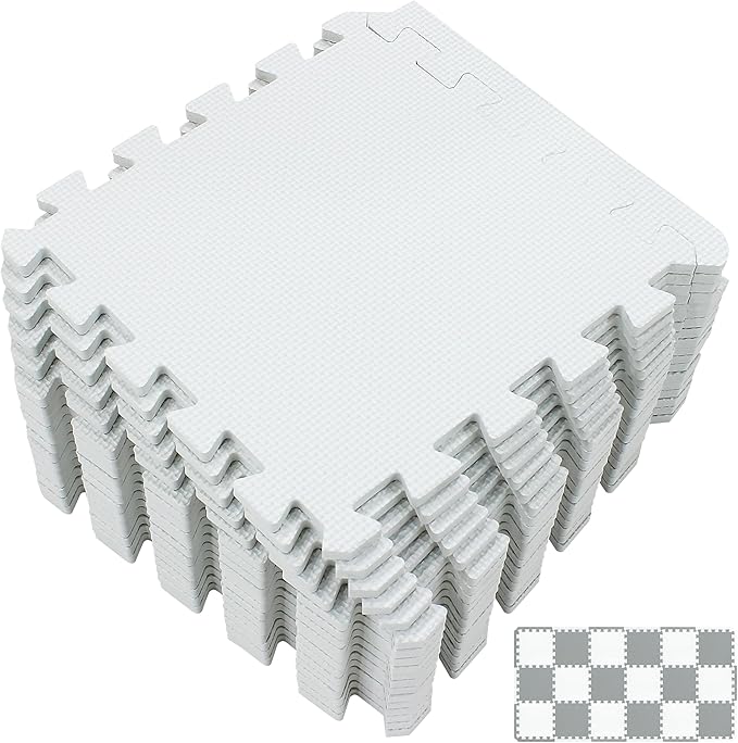 Yostrong® 18 Tiles Interlocking Puzzle Foam Baby Play Mat with Straight Edges for Playing - EVA Babies Crawling Mat | Rubber Floor Work Out Mats for Home Gym. White. YOC-Ab18S18