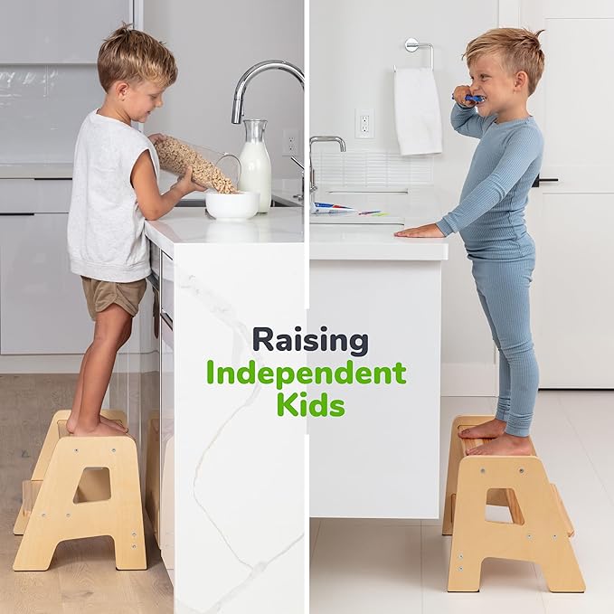 OCODILE 2-Step Wooden Step Stool for Toddlers | Kids Stool for Bathroom Sink & Kitchen Use | Non-Slip Step | Wooden Stool for Children Ages 2+ Years Varnished