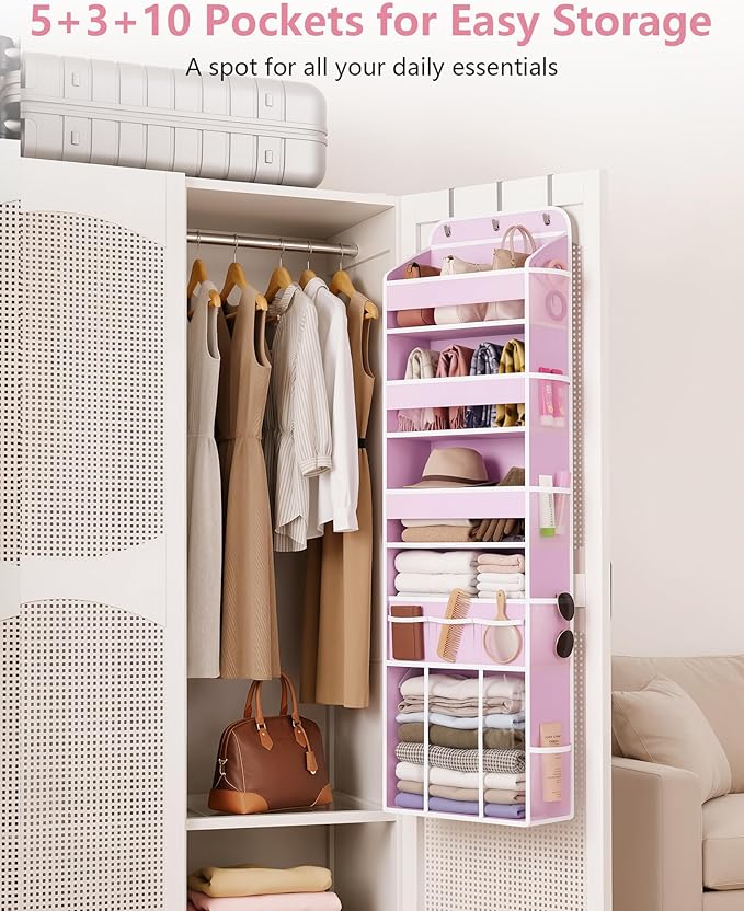 OneDream 5-Tier Over the Door Organizer with Removable Storage Caddy, Baby Clothes Organizer for Nursery, Hanging Behind Door Storage with Clear Pockets and Side Mesh Compartments, Pink