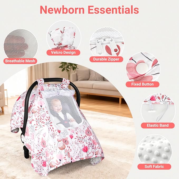 Car Seat Cover Baby, Carseat Covers Baby with 2 Layers Breathable Zipper Windows, Windproof Infant Car Seat Cover, Kick-Proof Baby Carrier Cover for Baby Girl Newborn Essentials