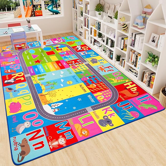 HOMORE Kids Educational Rug, 5x7 Kids Collection Area Rug for Learning Alphabet, Numbers, Colors, Season and Animal Words, Playmat for Classroom Playroom