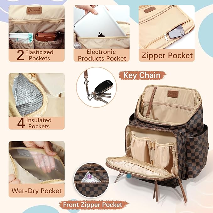 Omanmoli Checkered Diaper Bag Backpack Large Baby Diaper Bag Leather with 17 Diaper Bag Organizing Pouches,Changing Pad,Stroller Straps,4 Insulated Pockets, Coffee