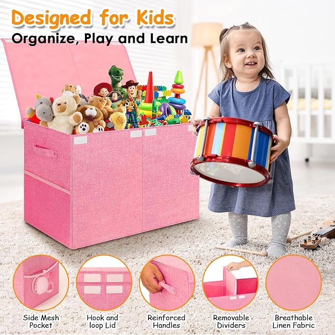 Fineonly Large Toy Storage Box with Lid Upgraded Toy Chest Organizer with Removable PP Divider Foldable Toy Bin for Kids Boys Girls Linen Fabric Toy Box for Playroom Nursery Bedroom (25"x13"x16")