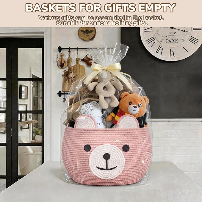 CherryNow Baby Basket for Nursery, Bear Gift Baskets for Girls, Baby Shower Basket with Handles, Large Diaper Caddy Organizer, Bright Pink, 15.7"D x 10.5"H