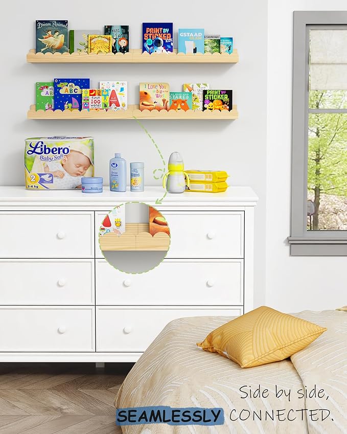 Scalloped Nursery Bookshelf Wall Mounted 4-Pack, Natural Wood Floating Book Shelves for Wall, Cloud Wall Mount Bookshelves for Kids Bedroom, Baby Children Toddler Room (Natural Pine Wood)