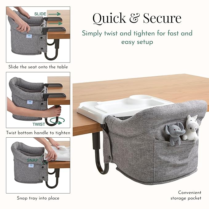 Evolur Clamp-On Comfort Table Chair, Portable Clip-On High Chair for Babies & Toddlers (6–36 Months), Removable Washable Seat Cover, Dishwasher-Safe Tray, Foldable Design with Carry Bag – Gray