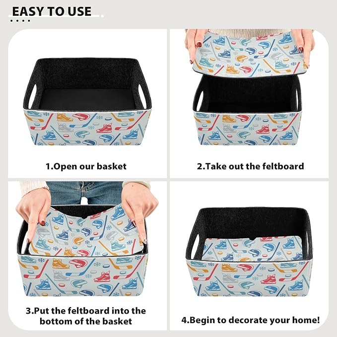 Emelivor Sports Hockey Storage Basket Bins Set (2pcs) Felt Collapsible Storage Bins with Handles Foldable Shelf Drawers Organizers Bins for Office Bedroom Closet Babies Nursery DVD Laundry