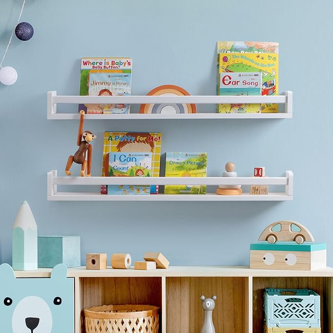 Fun Memories Nursery Book Shelves - Rustic Natural Solid Wood Floating Bookshelf for Kids - Wall Book Shelves for Kids Room (White, 32inch - 2P)
