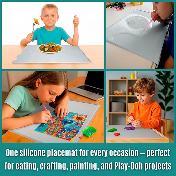 Silicone Craft Mat for Painting, PlayDoh and Art Projects with Angle-Protective Safety Edge – Toddlers & Kids Placemat – Non-Slip & BPA-Free Food Mat – 1.5mm Thick, 24"x16", Cloud Gray