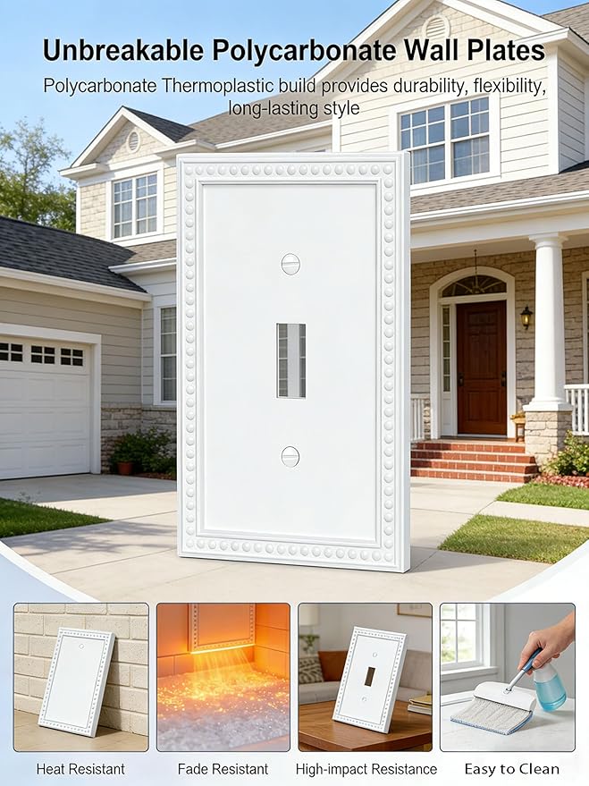 20 Pack Mid-Size Toggle Light Switch Wall Plates 1-Gang Switch Electrical Cover Plate Unbreakable Thermoplastic Faceplate, Classic Beaded Relief Design, White