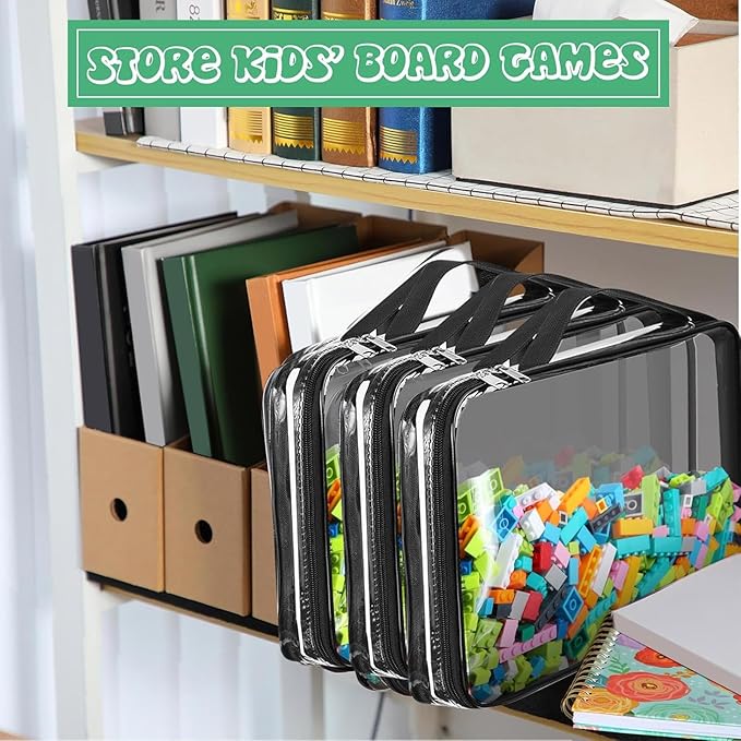 Sanwuta 3 Packs Toy Storage Bags with Zipper, Clear PVC Organizing Waterproof Toy Bags for Board Games, Building Blocks, and Kids Books(14.96 x 11 x 3.94 Inch,Black)