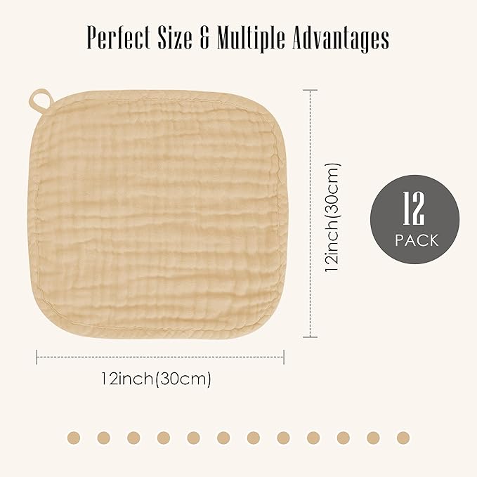 Baby Washcloths -100% Cotton Muslin Soft Baby Bath Wash Cloths and Absorbent Baby Wipes for Newborns Kids Girls and Boys - 12 Pack, 12x12 Inches - Brown