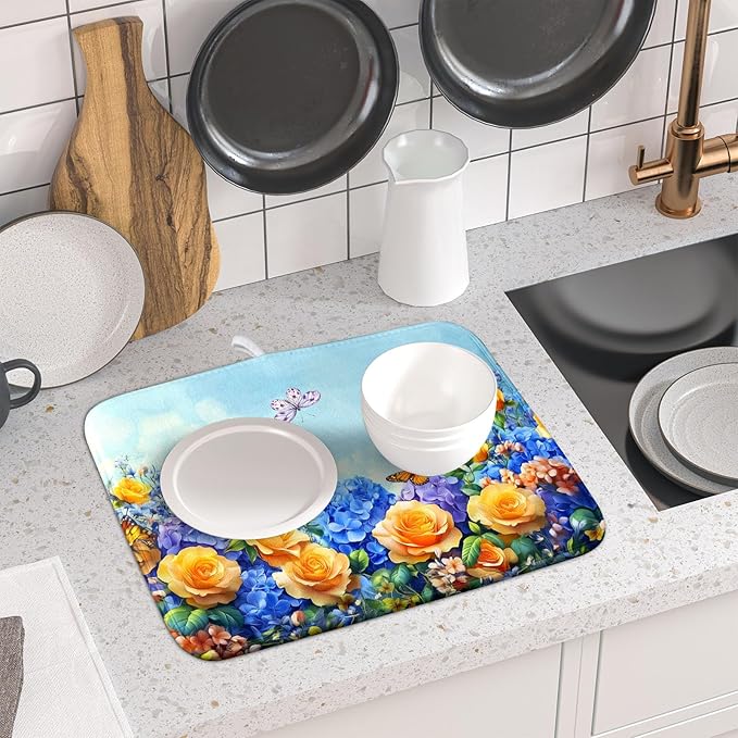 Spring Blue Yellow Hydrangeas Flowers Dish Drying Mat for Kitchen Counter,Colorful Butterflies Flying Drying Mat 16 x 18 Inch with High Absorbent Microfiber Drainer Mat for Coffee Bar