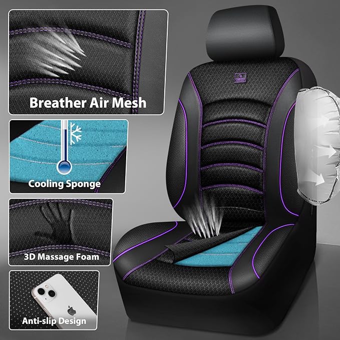 CAR PASS Comfortable 3D Foam Mesh Leather Car Seat Covers Full Sets, Air Cool Mesh Breathable Seat Covers for Car, Universal 5 Seats Fit for SUV Truck Sedan Automotive, Airbag Compatible,Black Purple