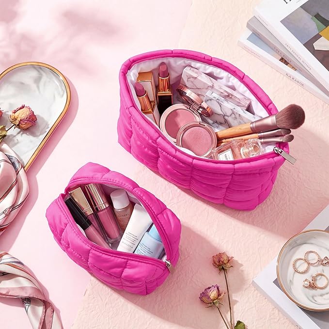 2 Pcs Puffy Makeup Bag Quilted Cosmetic Pouch for Women Cute Checkered Travel Toiletry Bag Puffer Makeup Organizer Purse Pouch Preppy Pencil Case with Zipper(Hot Pink)