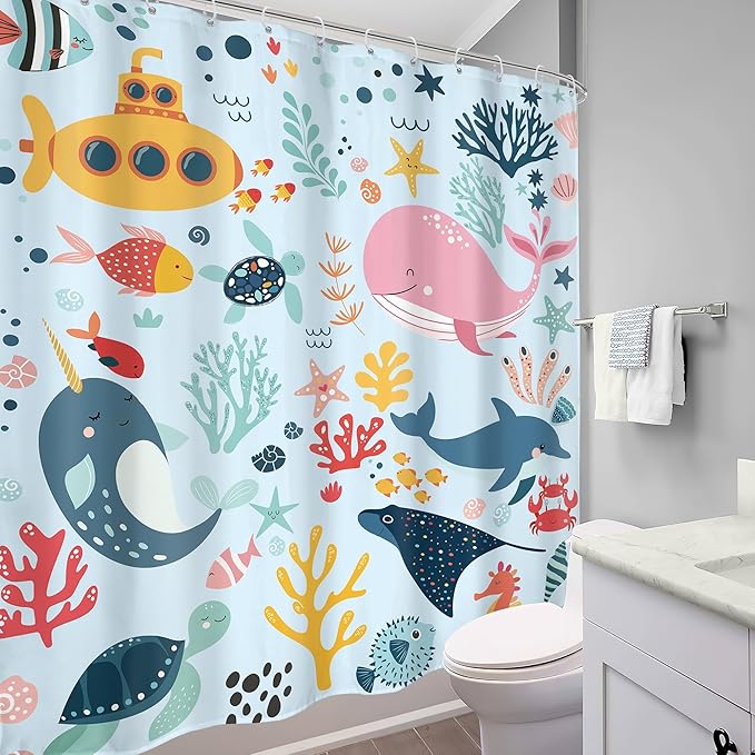Blue Kids Shower Curtain 72Wx72H Kid Ocean Whale Funny Cartoon Cute Fish Sea Animal Underwater Baby Boy Girl Bathroom Decor Nursery Submarine Coastal Bath Curtain Fabric Polyester 12 Pack Hooks