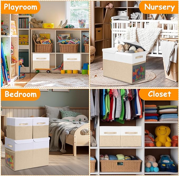 Fiwochic 3 Pack 23" Large Toy Storage Box with 11" Cubes Bins, Collapsible Toy Organizer Chest with Lids for Kids Nursery Playroom Bedroom Living Room Christmas Ornament Storage Box(Beige White)