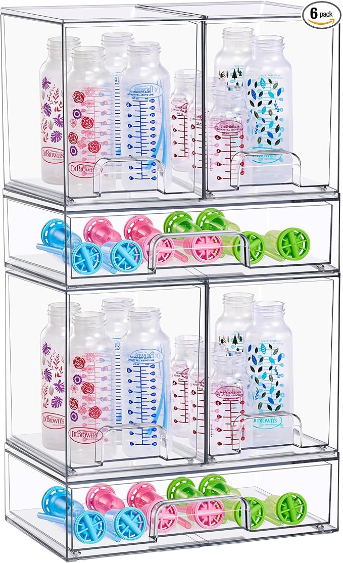 Sorbus Stackable Acrylic Storage Drawers – 4 Tall + 2 Wide – 6 Pack Clear Plastic Organizer Bins for Baby Bottles, Makeup, Bathroom & Vanity, Pull-Out Drawer Design for Kitchen Cabinets
