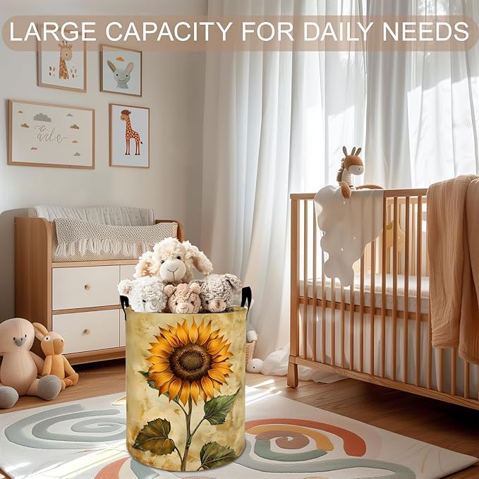 Sunflower Laundry Basket Hamper 19.7"x15.8", Vintage Sunflower Foldable Waterproof Oxford Clothes Storage Bucket for Room Bathroom Bedroom Nursery Decor, Toy Organizer Bins Gifts for Kids Boys Girls