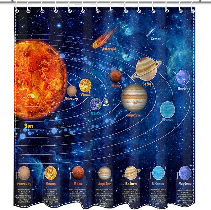 Mocsicka Galactic Outer Space Shower Curtain 72 x 84 Inch Boys Nebula Universe Planet Bath Curtain Science Theme Waterproof Bathroom Accessories Decor with 12 Hooks