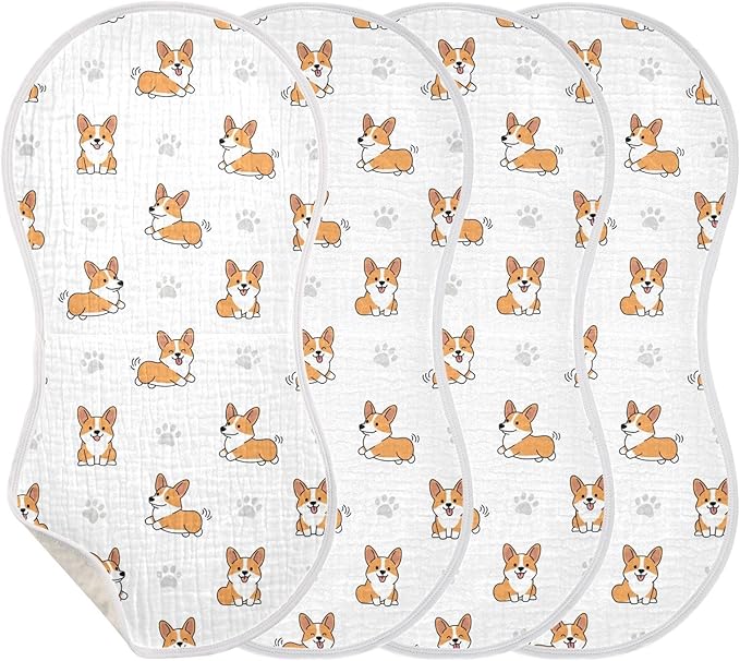 Qinllo 4 Pack Muslin Burp Cloths Cute Corgi Dogs White Cotton Baby Burp Cloths Absorbent Burping Cloth Soft Spit Up Rags for Newborn Must Haves 22x11 Inch