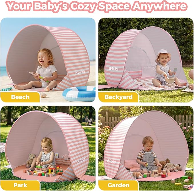 Gorich Pop Up Baby Beach Tent with UPF50+ UV Protection, Portable Toddler Sun Shelter with Mesh Ventilation, Lightweight & Foldable Play Shade Tent for Beach, Park & Backyard