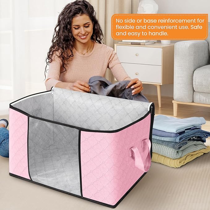 Fab totes 24 Gallons Clothes Storage, Foldable Thick Fabric Blanket Storage Bags, Containers for Organizing Bedroom, Closet, Clothing, Comforter, Organization with Handle (4 Pack,Pink)