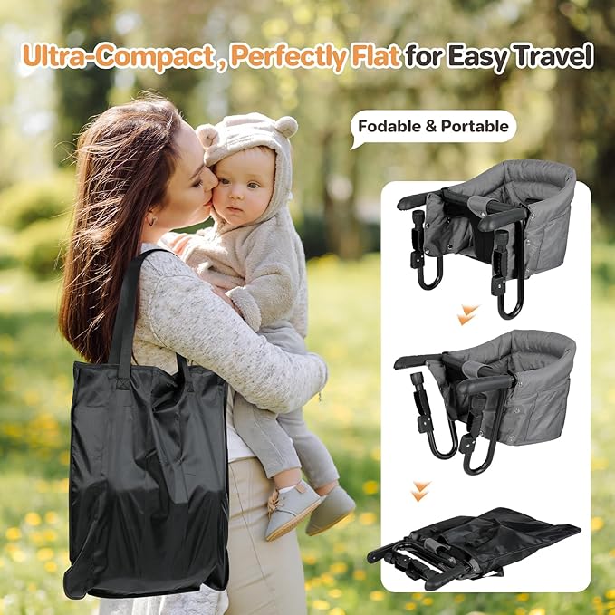 Ezebaby Hook on High Chairs, Secure Clip on High Chair for Baby, Compact Fold-Flat for Easy Storage, Fast Table Chair with Baby Seat, Portable Highchair Attaches to Table for Travel, Grey