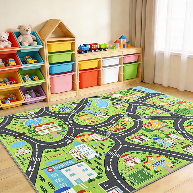 Community Kids Car Play Rug - Educational Play Mat Carpet with Fire Station, School, Park & More for Learning and Play, Ideal for Playroom Classroom Bedroom Nursery, 5x7ft