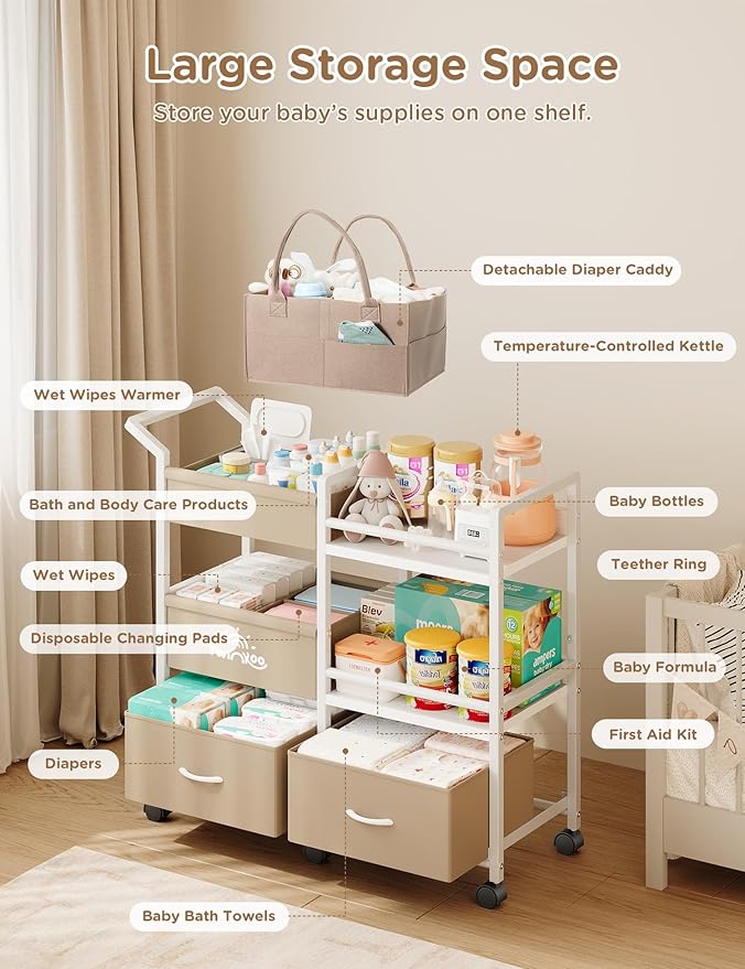 2-in-1 Baby Diaper Caddy Organizer, 3 Tier Rolling Storage Cart with Dividers and Drawers, Baby Essentials for Nursery Storage, Mobile Utility Cart with Wheels Large Capacity Easy to Assemble