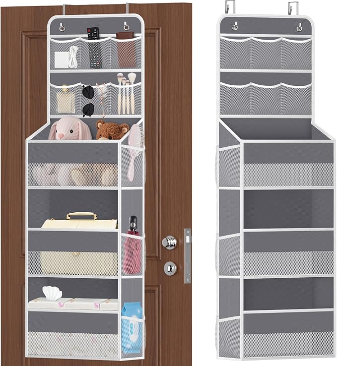 5-Tier Over The Door Organizer with Mesh Pockets, Baby Nursery Storage for Closet, Bathroom and Bedroom, Adjustable Hanging Closet Organizer for Cosmetics, Books and Essentials（Dark Grey）