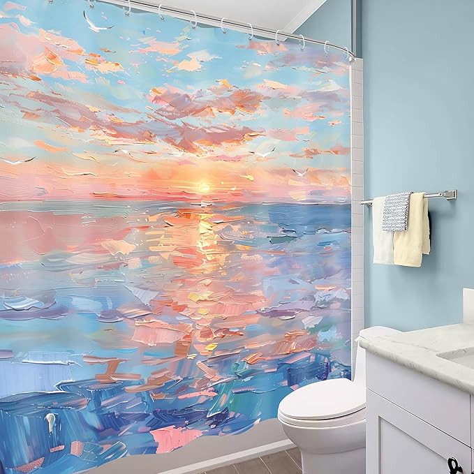 Beach Shower Curtain Ocean Beachy Abstract Blue Coastal Sunset Modern Sea Summer Nature Landscape Hawaii Seashore 60Wx72H Bathroom Decor Oil Painting Bath Curtain Fabric Polyester 12 Pack Hook