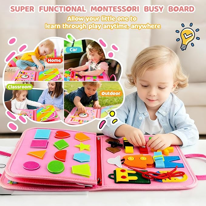 Toddler Busy Board Montessori Toys, Busy Book Educational Learning Toys for Toddler Girls, Activity Book Sensory Toy with Life Skills, Kids Travel Toy for Airplane Car Toddlers Christmas Birthday Gift