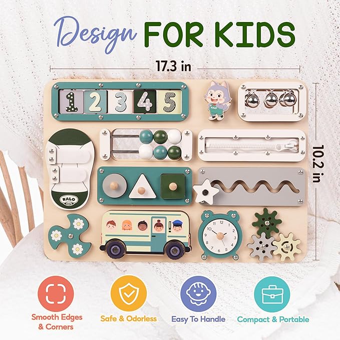 KALOTOYS Large Busy Board Montessori Toys for 1 2 3 Year Old - Sensory Toys for Toddlers 1-3 - Fine Motor Skills & Early Learning - Montessori Gift for Boys & Girls - Travel-Friendly & Safe (Green)